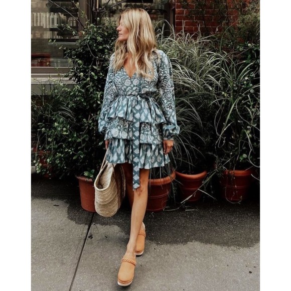 Marea Women's Cala Azul Grace Blue Floral Mini Dress Boho Tiered Ruffle Medium - Picture 1 of 7